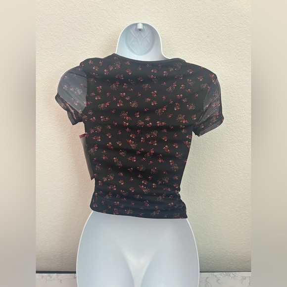Aeropostale Floral Mesh Tie Front Top Black V Neck Sz Small Y2K Baby Doll - Picture 3 of 6